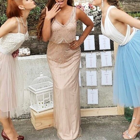 Adrianna Papell Night Bugeln Beaded Long Maxi Gown Dress In Champagne Gold 8 - Picture 2 of 14